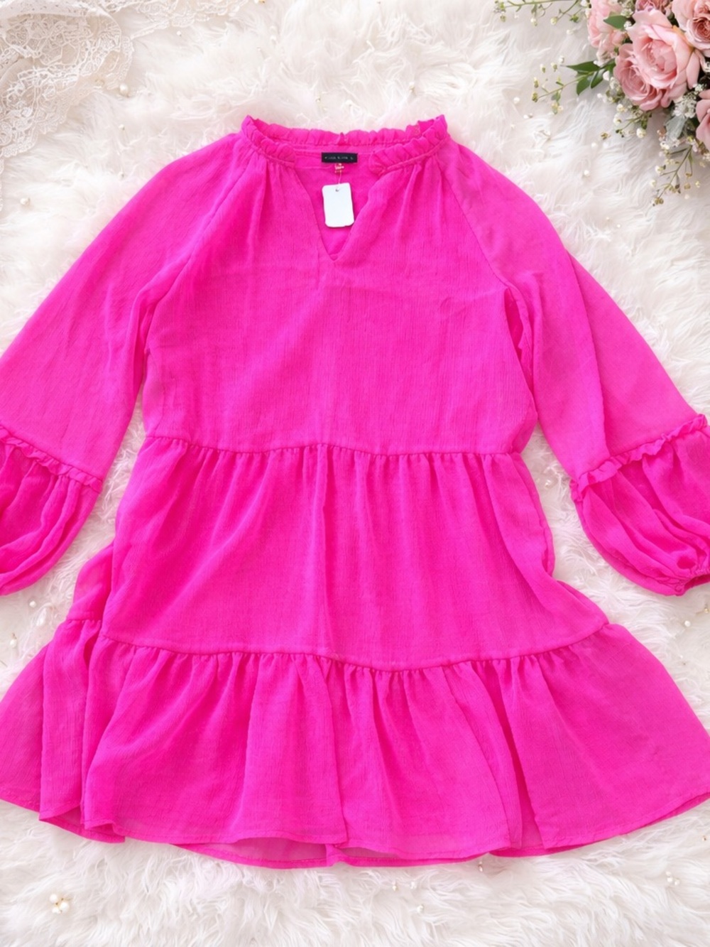 Vince Camuto Hot Pink Long Sleeve Tiered Beach Dress - Picture 3 of 5